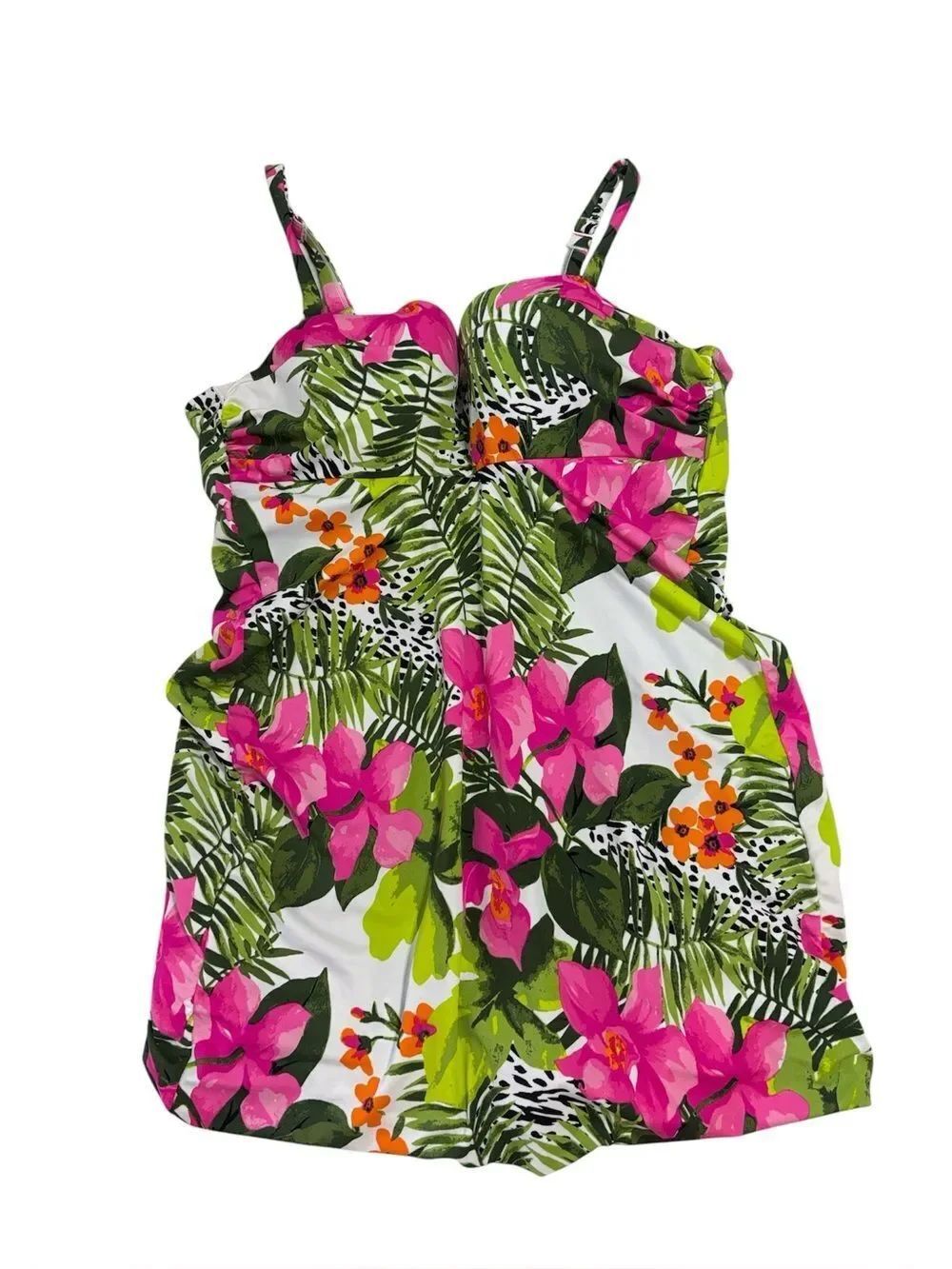 Cacique Women’s Pink and Green Floral Swimsuit, Swim Dress, 20